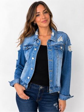 Distressed Blue Ripped Button-Up Denim Jacket – Size 8